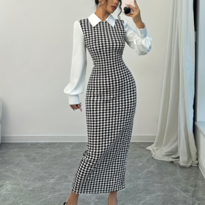 Ladies' Elegant Houndstooth Slim-Fit Lantern