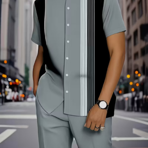 Short-sleeved shirt top and casual trousers